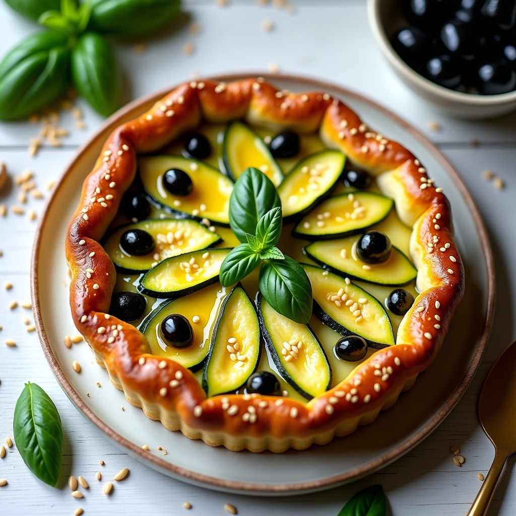 Tarta de calabacín y aceitunas taggiasche sin harina keto, horneada en molde redondo, dorada por encima con semillas de sésamo, servida en plato blanco rústico con hojas de albahaca fresca.