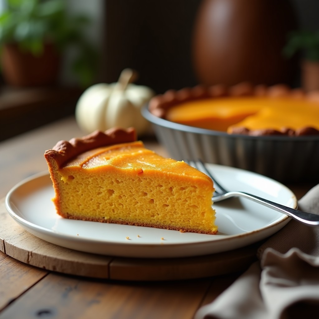 Tarta de calabaza y azúcar moreno sin harina, horneada en molde redondo, con superficie dorada y textura esponjosa, servida en plato blanco con tenedor.