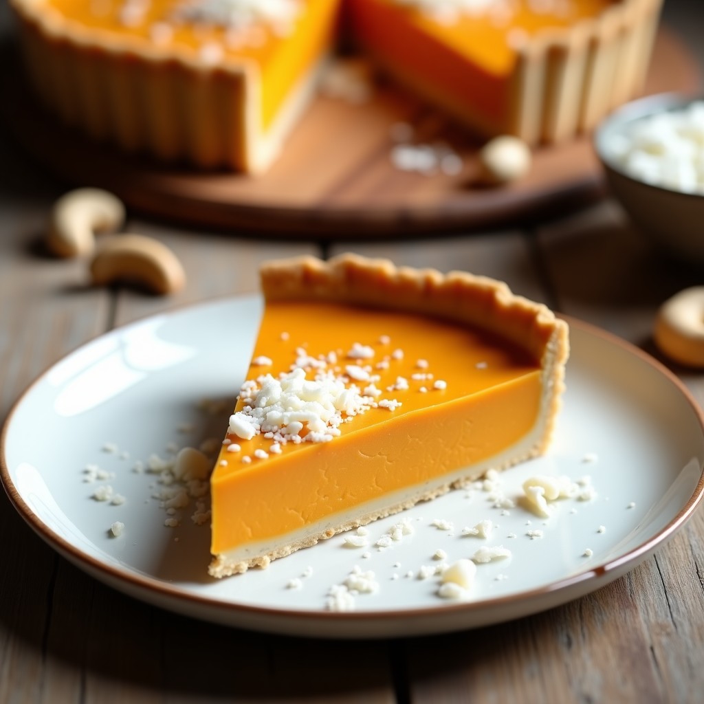 Tarta vegana de calabaza y batata sin horno, con base cremosa y topping de coco rallado, servida en porciones sobre plato blanco rústico.
