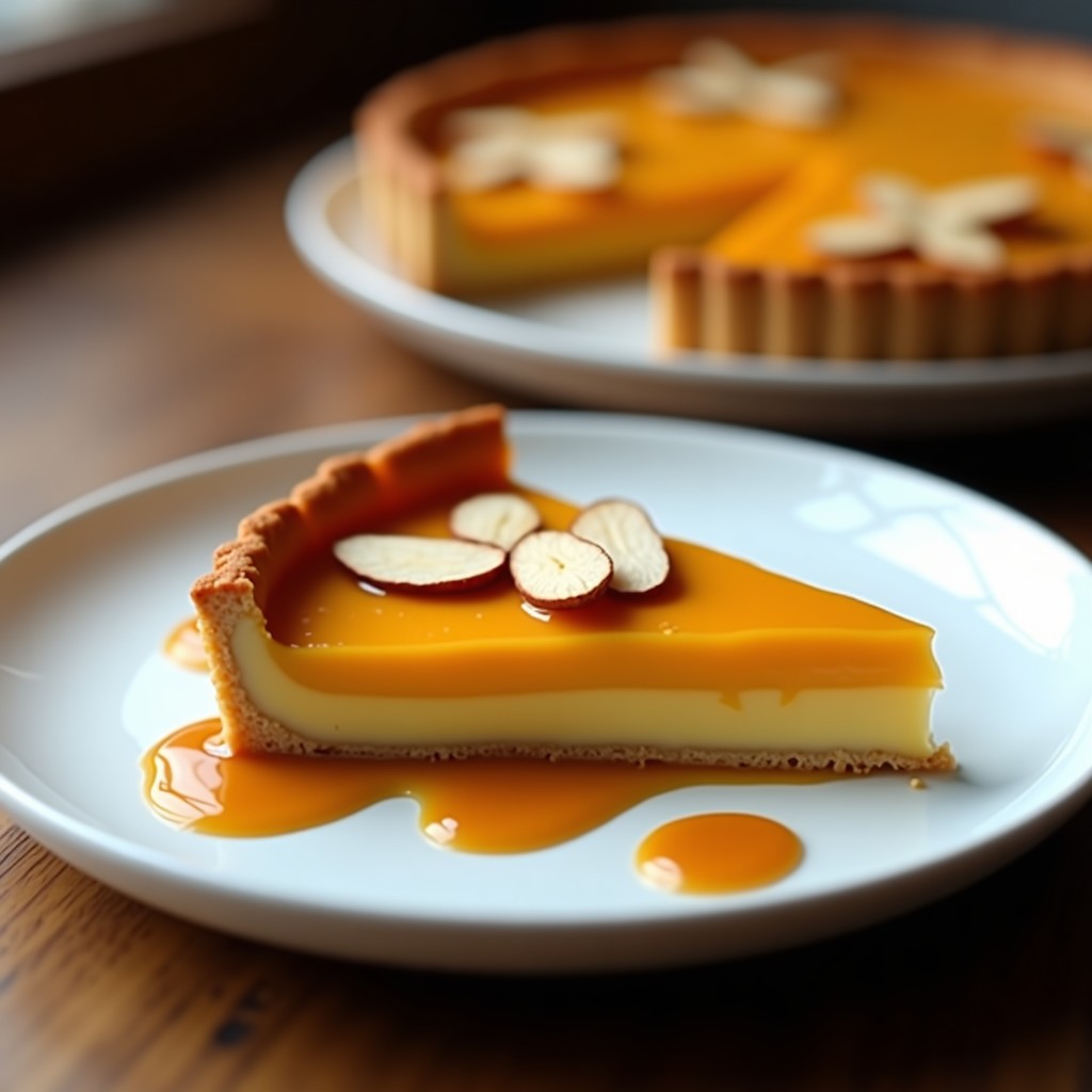 Tarta dorada de calabaza kabocha keto con superficie ligeramente agrietada, decorada con almendras fileteadas y bañada con caramelo de sal brillante. Postre portorriqueño bajo en carbohidratos sobre un plato de cerámica blanca con fondo rústico.