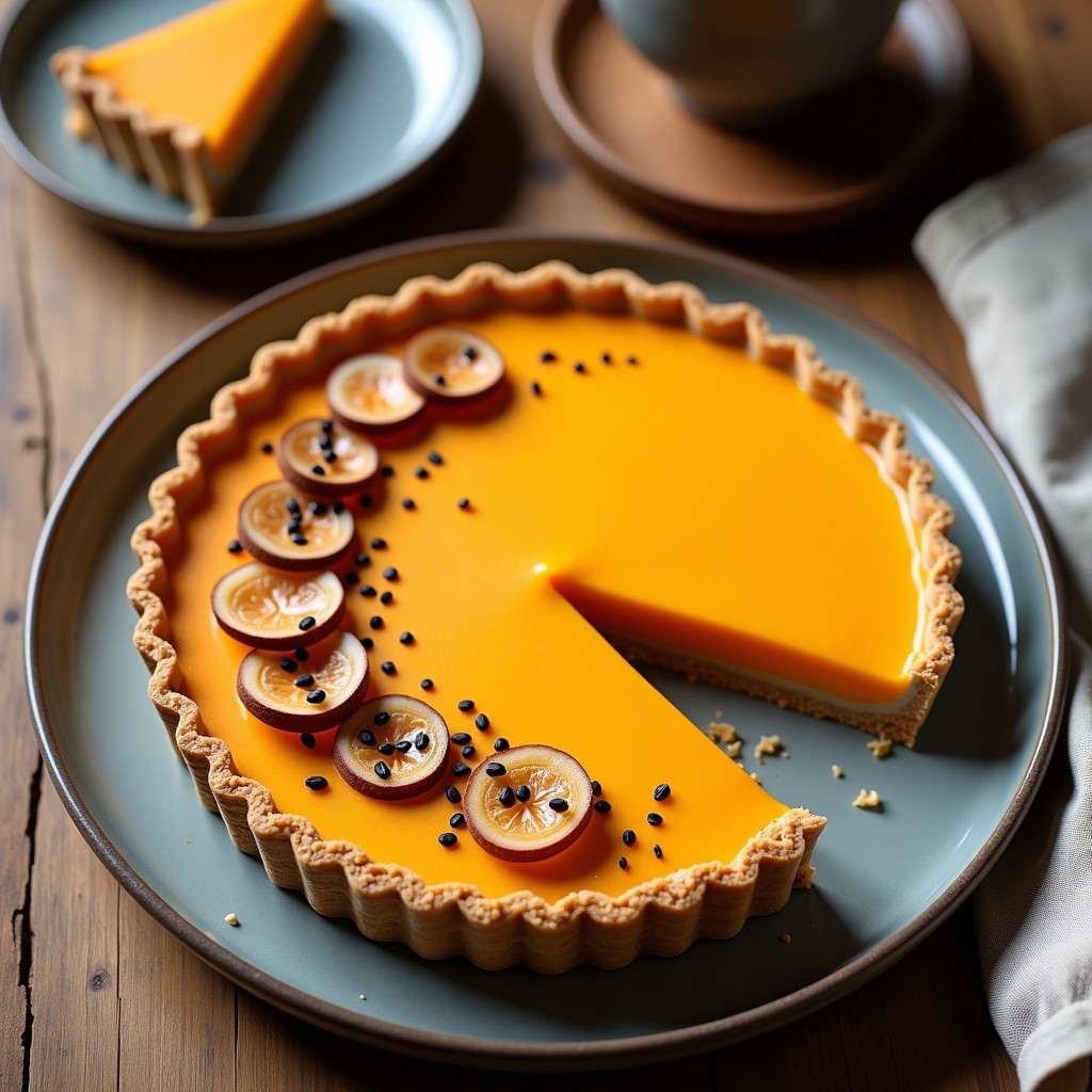 Tarta vegana sin horno de calabaza kabocha y tahini con base de almendras y coco, decorada con semillas de sésamo negro. Postre japonés saludable y cremoso en molde redondo.