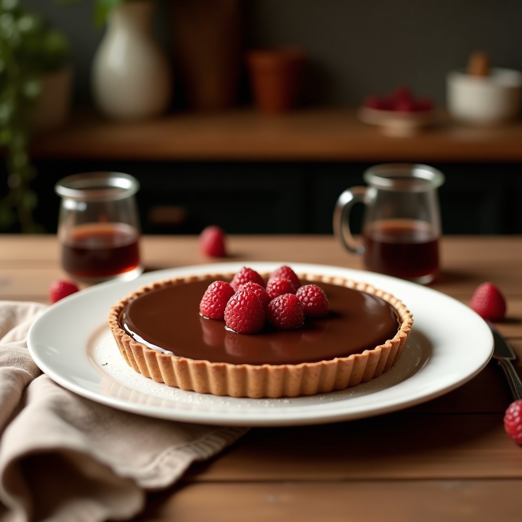 Tarta de chocolate negro brillante con trozos de aceitunas negras y escamas de sal marina, decorada con un hilo de aceite de oliva virgen extra sobre un plato de cerámica blanca rústica.