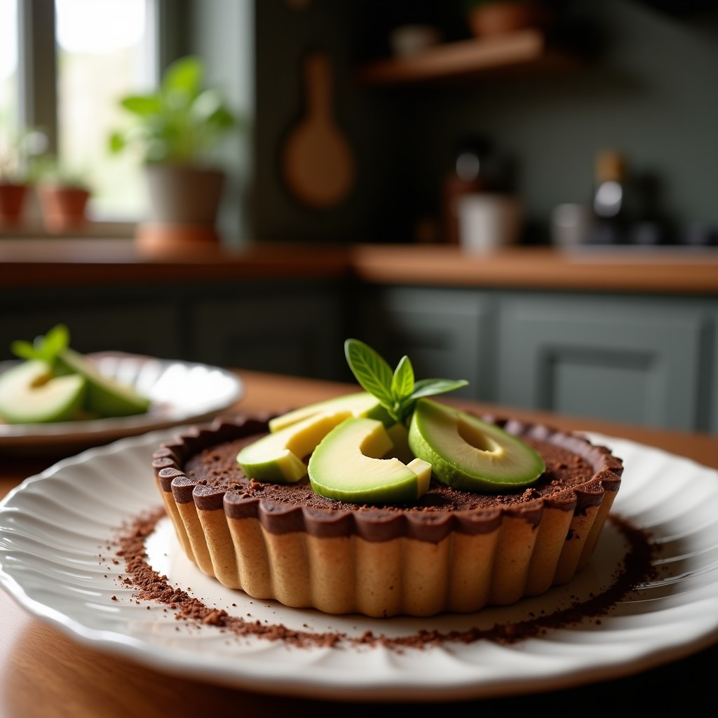 Tarta vegana de chocolate y aguacate con base crujiente de almendras, cortada en porciones sobre un plato blanco. Decorada con raspadura de chocolate negro y frutos rojos, con textura cremosa y brillante.