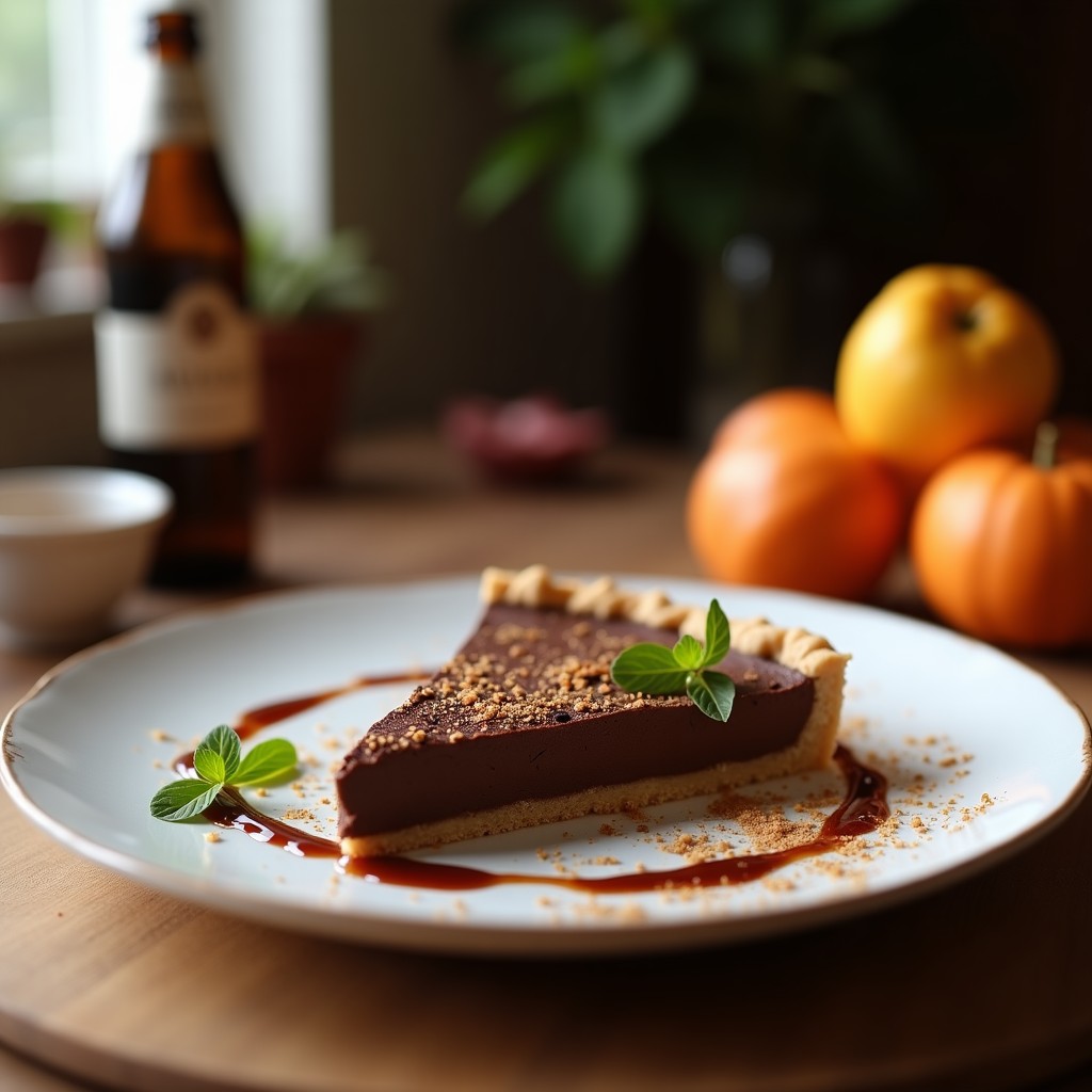 Tarta de chocolate y avellanas con base de dátiles sin horno, servida en molde desmontable sobre tabla de madera. Base oscura y crujiente de dátiles con relleno cremoso de chocolate negro y trozos de avellanas tostadas en la superficie. Postre vegano y sin azúcar con brillo profesional.