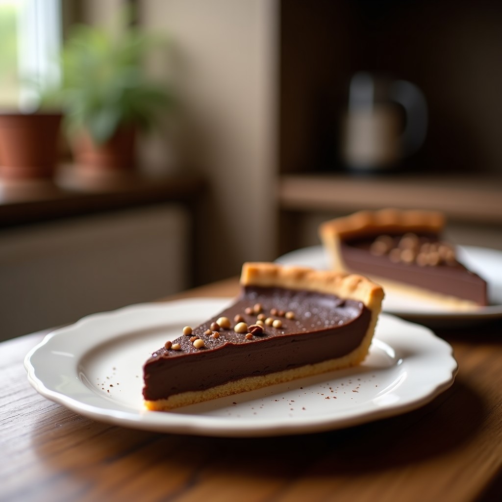 Tarta de chocolate negro y avellanas sin horno en molde redondo, decorada con avellanas tostadas picadas, servida en plato blanco sobre fondo rústico.