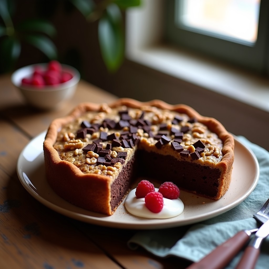 Tarta de chocolate y avena sin harina en molde redondo, con superficie dorada y trozos de nueces y chips de chocolate. Postre saludable alto en proteína.