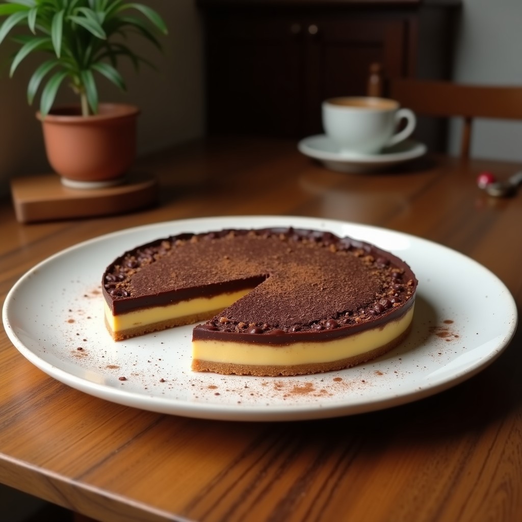 Tarta de chocolate y avena sin horno en molde redondo, decorada con virutas de chocolate negro y rodajas de fresa sobre fondo rústico de madera.