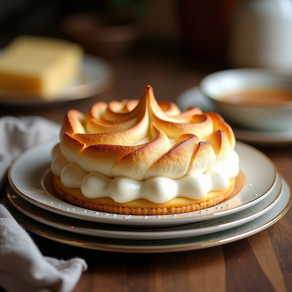 Tarta de coco y merengue en airfryer, base dorada y esponjosa cubierta de merengue tostado con picos dorados, decorada con coco rallado y servida en plato blanco rústico.
