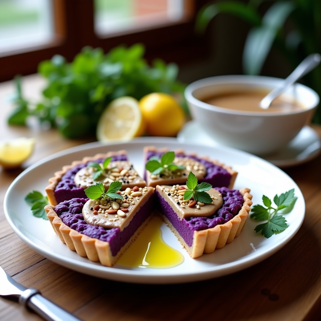 Tarta salada de coliflor morada y tahini keto sin horno, servida en plato blanco con decoración de perejil fresco y semillas de sésamo, cortada en porciones triangulares.