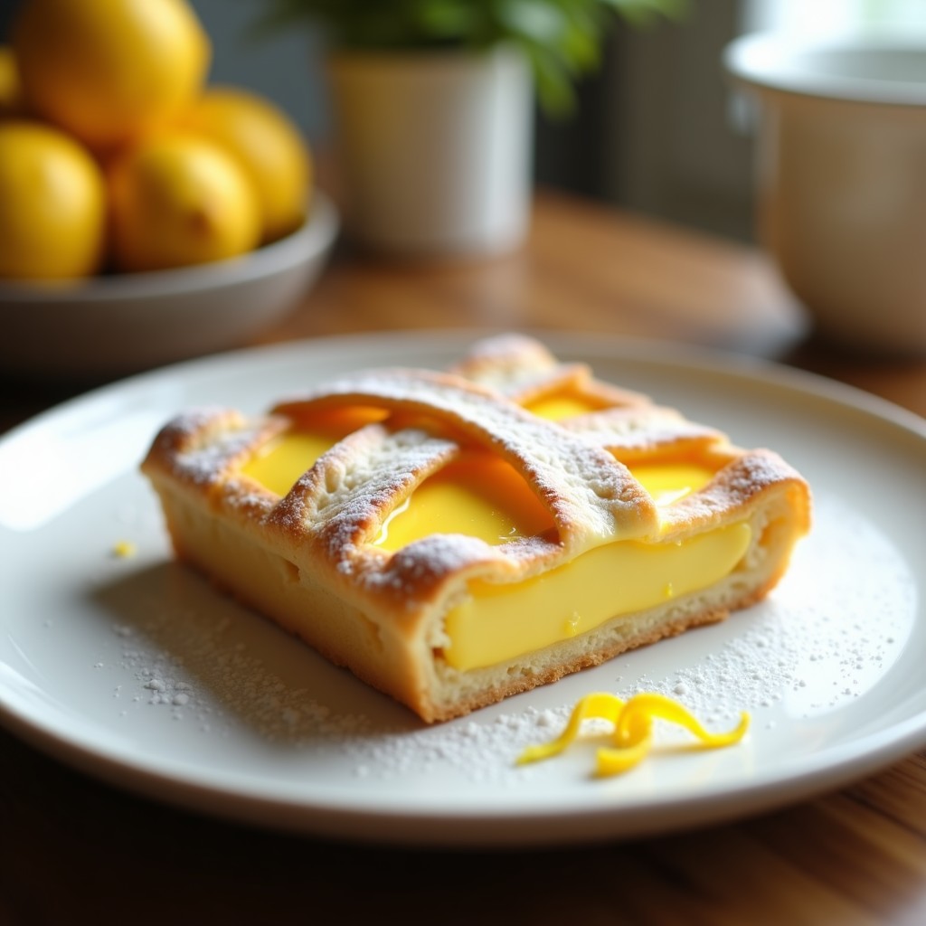 Tarta cruzada de crema de limón en planto blanco, con base de hojaldre dorado, crema amarilla sedosa y tiras de masa entrecruzadas, receta Thermomix.