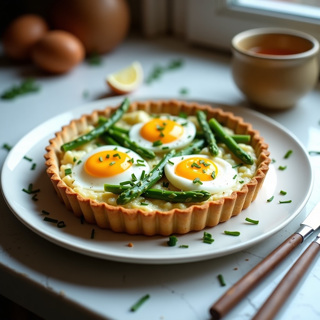 Tarta salada alemana en molde dorado con base crujiente de centeno, relleno cremoso de queso Quark y nata agria, espárragos blancos en trozos y huevos de codorniz con yema líquida distribuidos por encima, decorada con cebollino fresco y servida en plato de cerámica blanca.