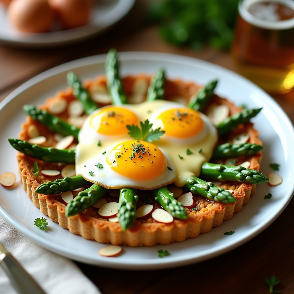 Tarta salada sin gluten con base dorada de garbanzos, espárragos trigueros verdes salteados, huevos poché y huevos ligeramente cuajados en el centro, coronada con salsa holandesita cremosa, almendras fileteadas y perejil fresco. Receta alta en proteína y elegante.