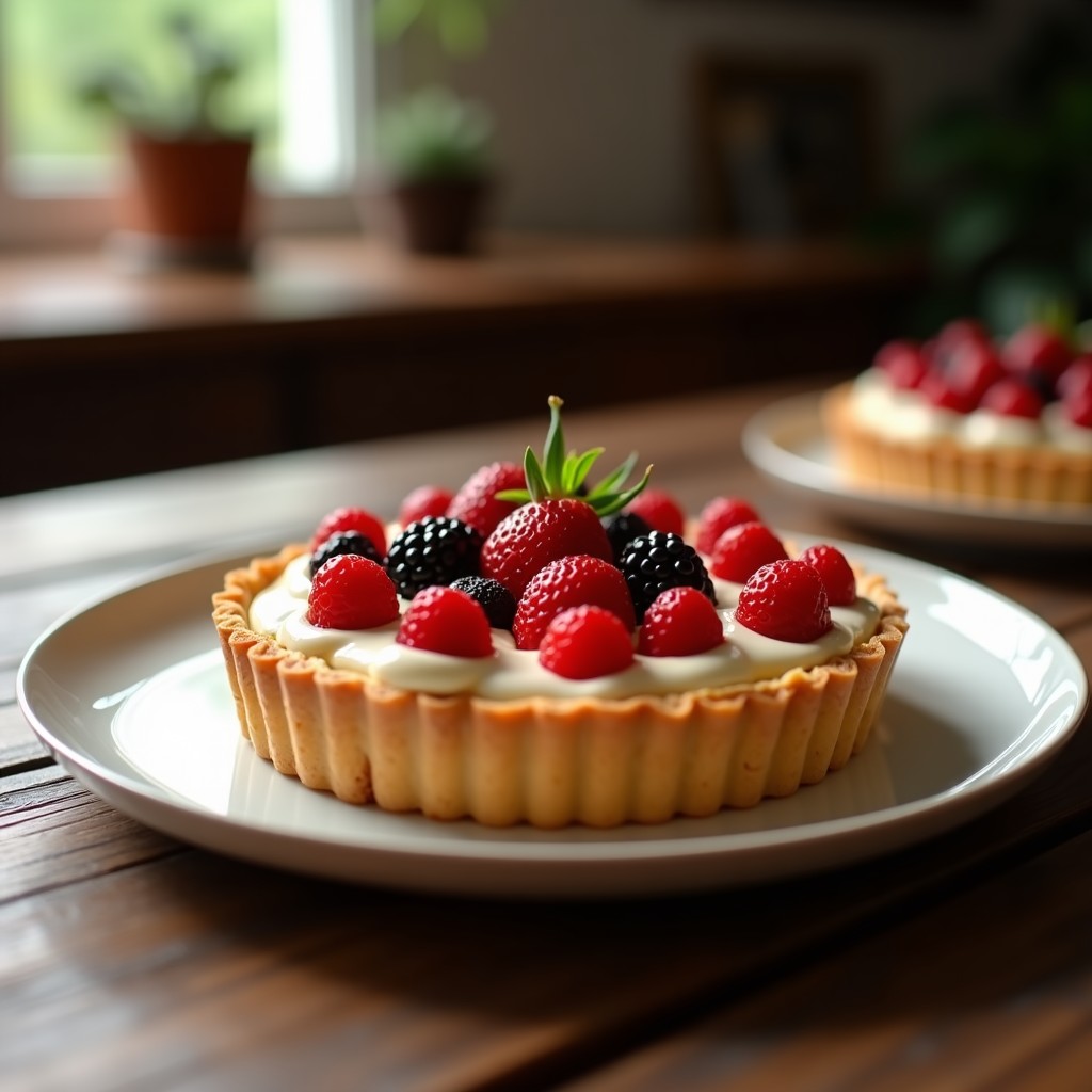 Tarta fría de queso y frutos rojos sin horno, con base de galleta crujiente y cobertura de frutos del bosque, lista para servir