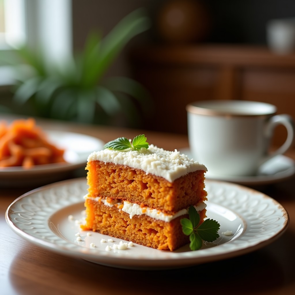 Tarta húmeda de zanahoria y coco sin harina, con textura esponjosa y dorada, decorada con coco rallado tostado sobre un plato de porcelana blanca.