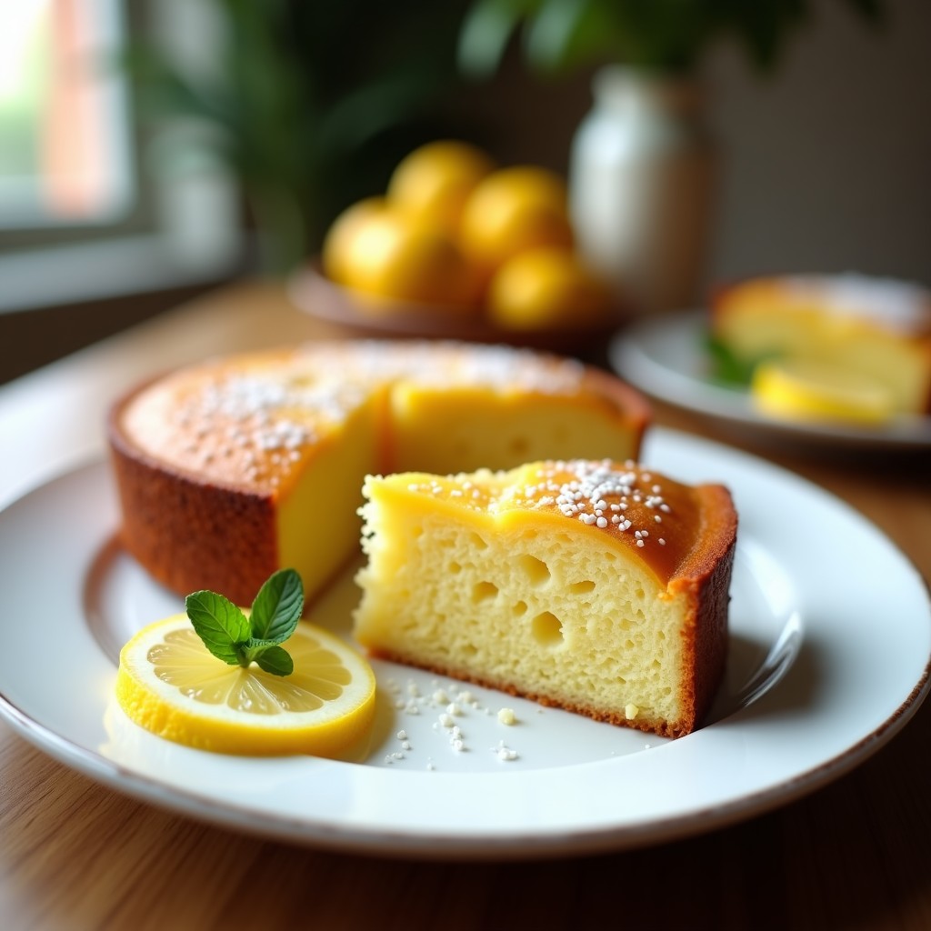 Tarta de limón y semillas de amapola sin gluten sobre un plato de porcelana blanca, con base dorada de harina de arroz, semillas de amapola espolvoreadas y rodajas de limón fresco como decoración. Postre esponjoso y saludable.
