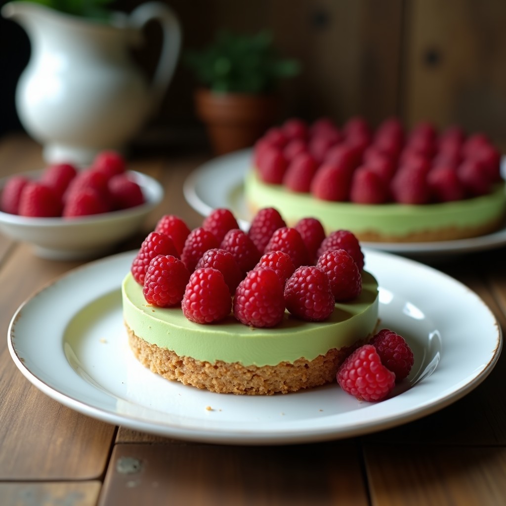 Tarta vegana de matcha y frambuesa con base de coco, servida en plato blanco. Capas visibles: base dorada crujiente, crema verde de matcha y topping de frambuesas frescas rojas. Decoración minimalista con semillas de chía.