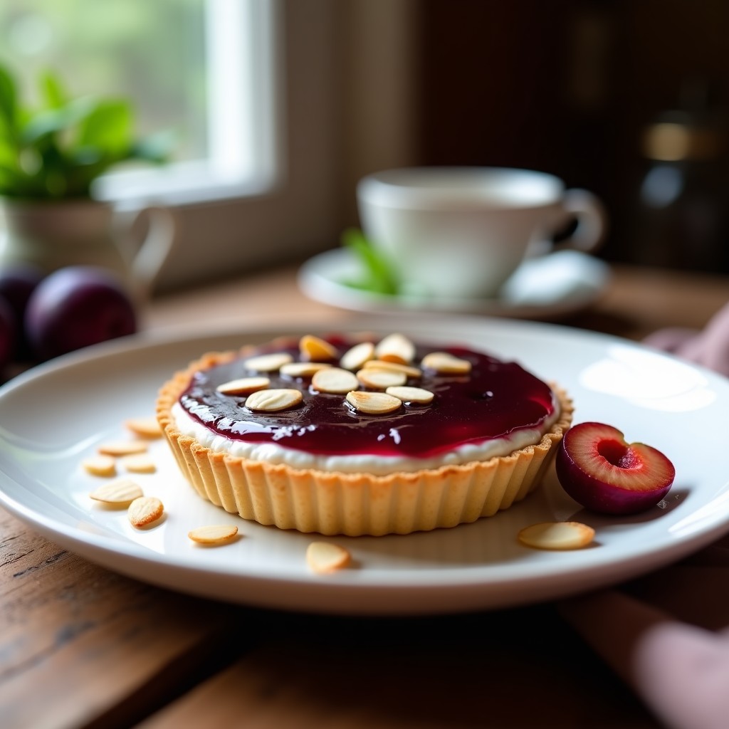 Tarta fría sin horno en plato blanco, base dorada de galletas con capa cremosa de yogur y mermelada de ciruela brillante, decorada con almendras fileteadas.