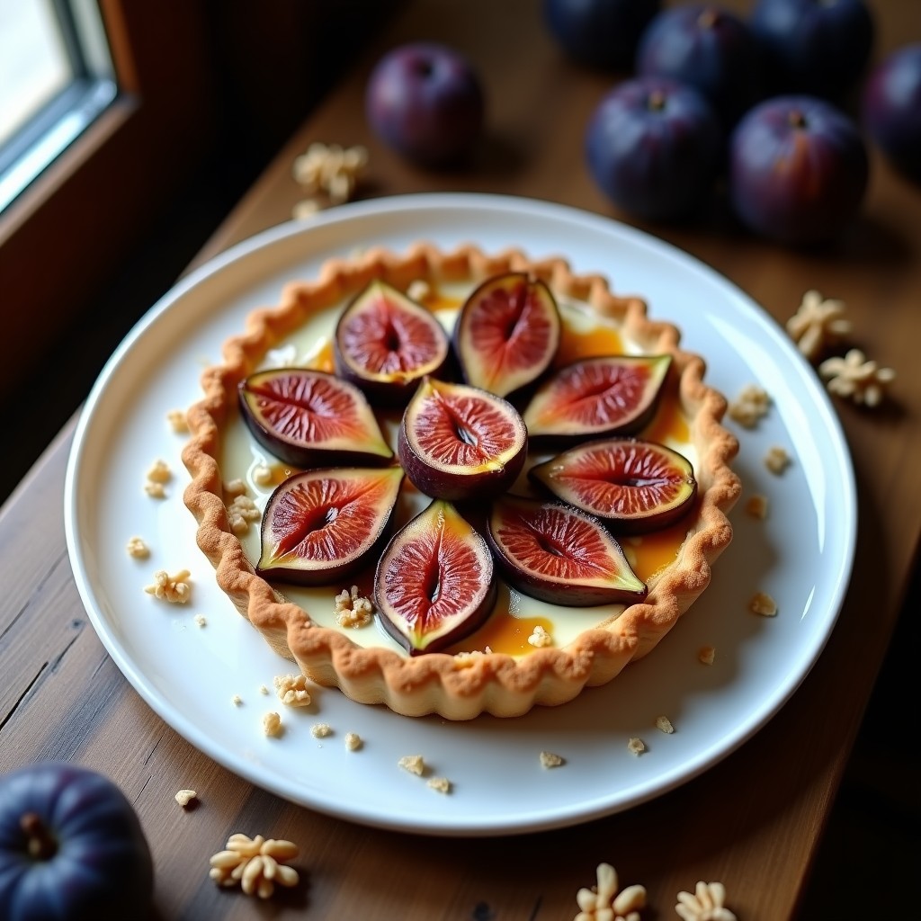 Tarta pastelera keto con base dorada de almendra, relleno cremoso de queso y higos frescos caramelizados decorados con nueces picadas, servida en plato blanco.