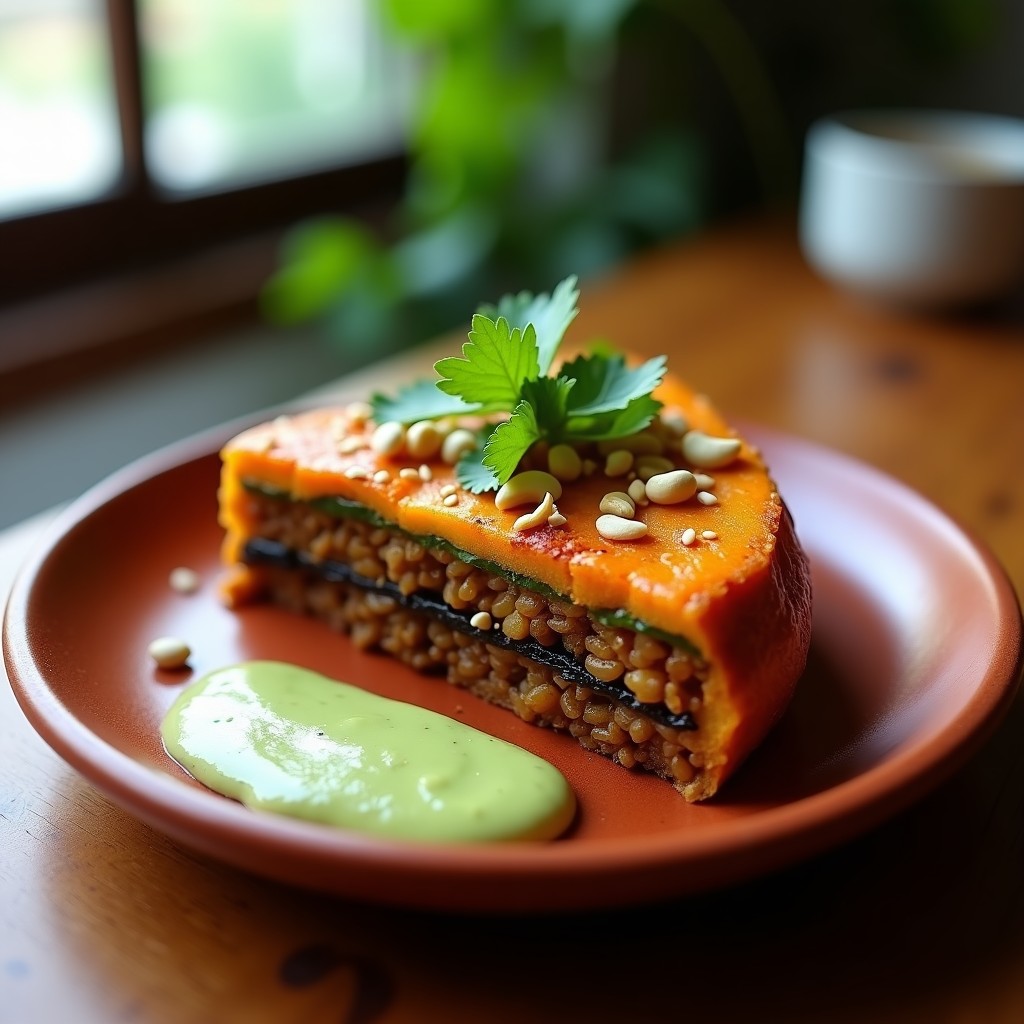 Tarta de pastor vegana en porción triangular, con capas visibles de berenjena asada y lentejas especiadas, decorada con semillas de sésamo y anacardos. Acompañada de cilantro fresco y salsa de aguacate en un plato de barro rústico.
