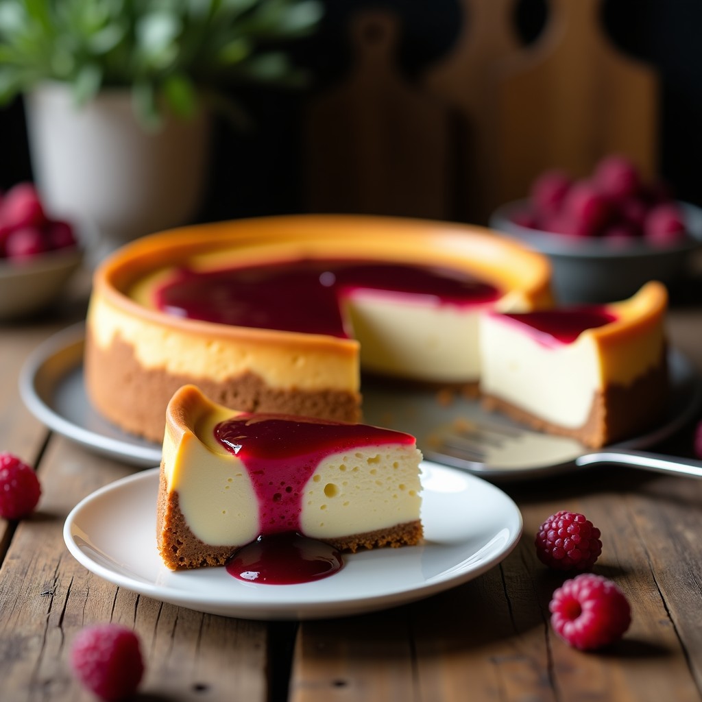 Tarta de queso cremosa al horno estilo Nueva York, con una base crujiente y un relleno suave y delicioso, lista para ser servida en un plato de postre
