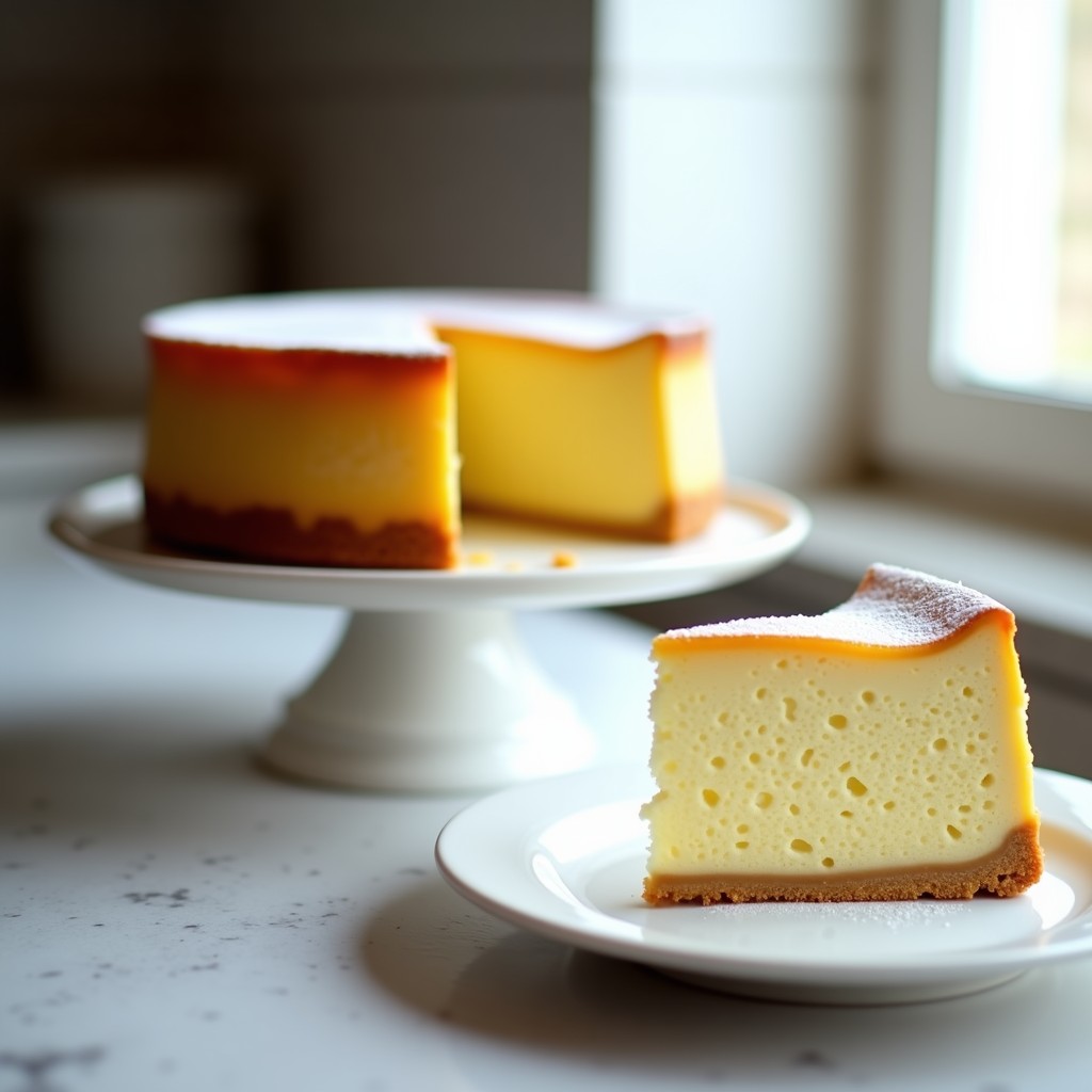 Tarta de queso japonesa esponjosa y sin gluten, lista para ser servida, con una textura de soufflé que se deshace en la boca