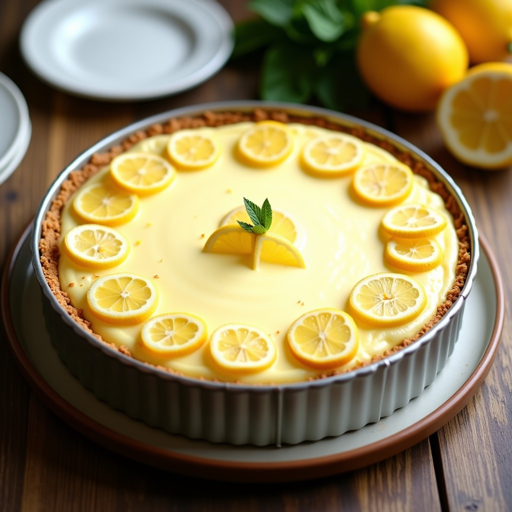Tarta de queso mascarpone y limón sin horno en molde desmontable, con base de galleta dorada y superficie cremosa decorada con ralladura de limón amarillo brillante.