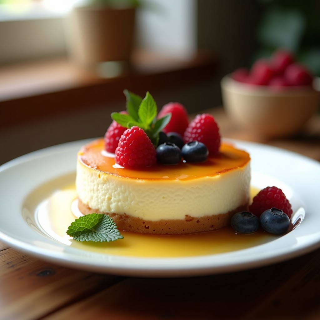 Tarta de queso cremosa en plato blanco, con superficie dorada y textura sedosa, servida con frutos rojos frescos y un hilo de miel, receta fácil en microondas con 3 ingredientes.