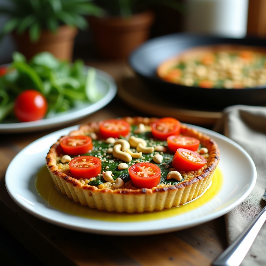 Tarta dorada de quinoa y espinacas vegana en sartén, decorada con tomates cherry y anacardos tostados, servida en plato de cerámica blanca.