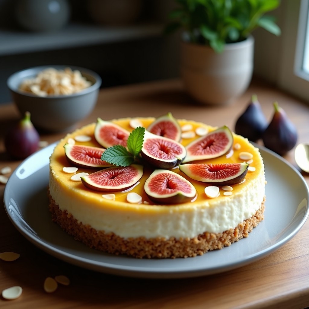 Tarta de requesón en molde desmontable con base dorada de galleta integral, relleno cremoso blanco y higos caramelizados dispuestos en círculos, espolvoreada con almendras laminadas y un hilo de miel.