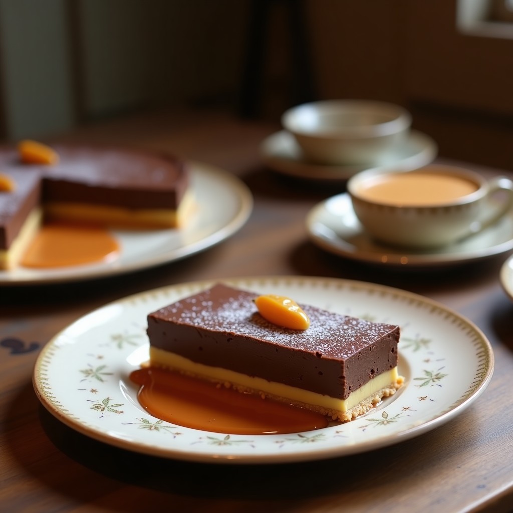 Tarta de sacha inchi y chocolate negro con base de almendras, postre sin azúcar y alto en omega-3, decorada con semillas de chía y virutas de chocolate sobre un plato blanco.