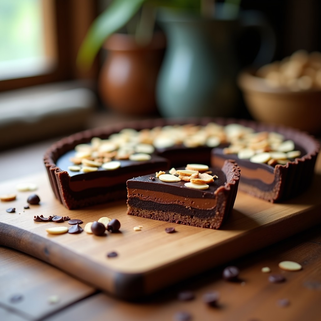 Tarta de sacha inchi y chocolate negro sin horno, base compacta de color marrón oscuro con capa brillante de chocolate y almendras fileteadas, cortada en porciones sobre tabla de madera rústica.