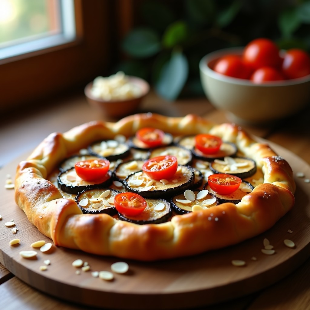 Tarta salada dorada con base crujiente, rodajas de berenjena ahumada, queso de cabra desmenuzado y tomates cherry asados, decorada con almendras laminadas y hilo de miel sobre fondo rústico de madera.