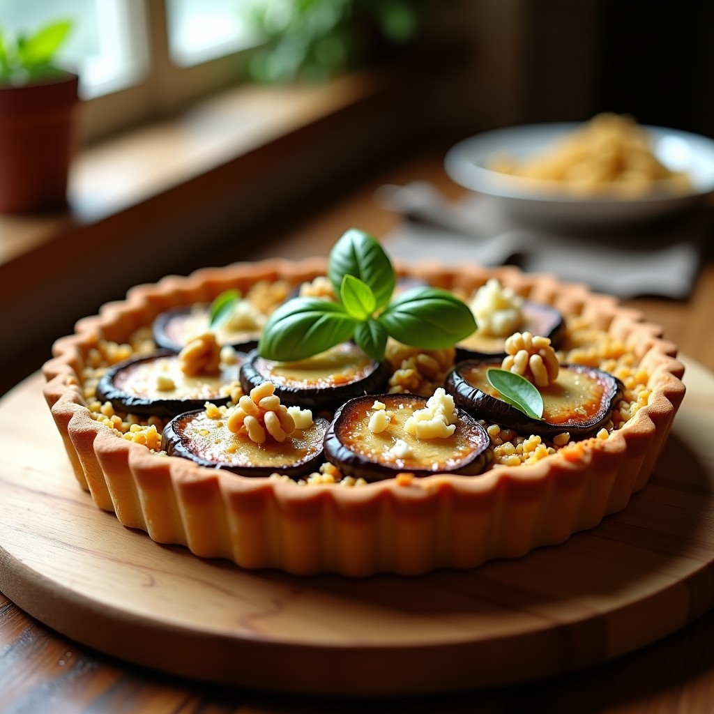 Tarta salada dorada en molde desmontable con capas visibles de berenjena ahumada, quinoa y queso de cabra, decorada con albahaca fresca y nueces picadas sobre fondo rústico de madera.