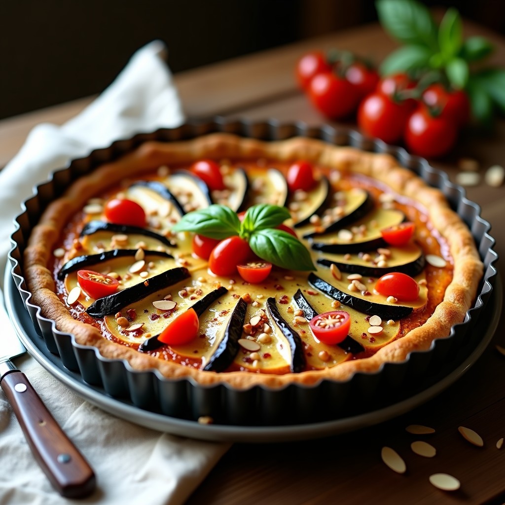 Tarta salada vegana en molde redondo con capas de berenjena ahumada dorada y relleno cremoso de tofu especiado, decorada con tomates cherry, almendras fileteadas y hojas de albahaca fresca.