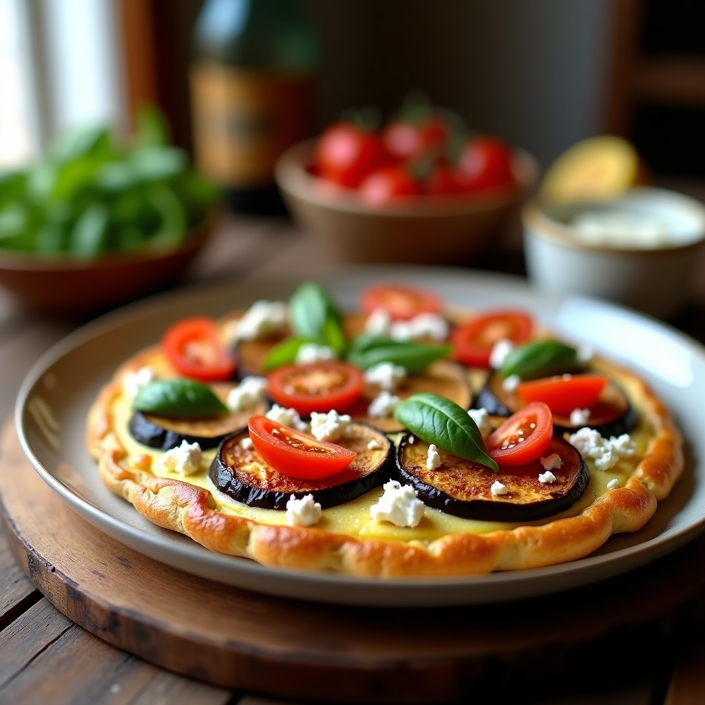Tarta salada dorada en airfryer con capas de hummus cremoso, rodajas de berenjena asada y queso feta desmenuzado, decorada con tomates cherry y albahaca fresca.