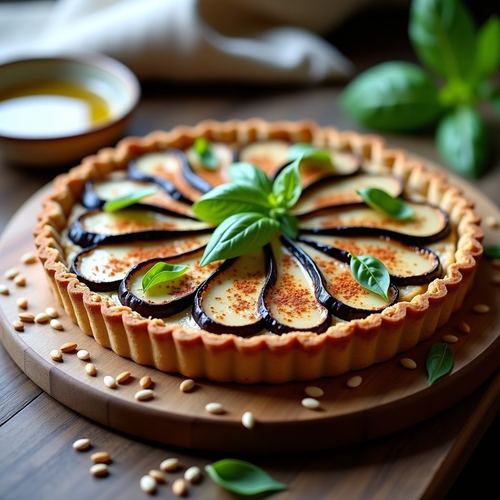 Tarta salada dorada en molde redondo con capas visibles de berenjena asada y relleno cremoso de tofu y miso, decorada con albahaca fresca y pimentón ahumado sobre fondo rústico de madera.