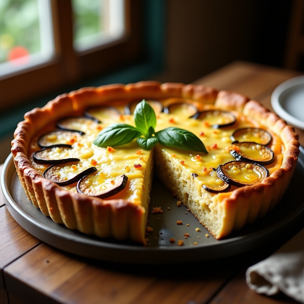 Tarta salada dorada de berenjena y parmesano en molde de horno, cortada en porciones, con hojas de albahaca fresca y aceite de oliva.