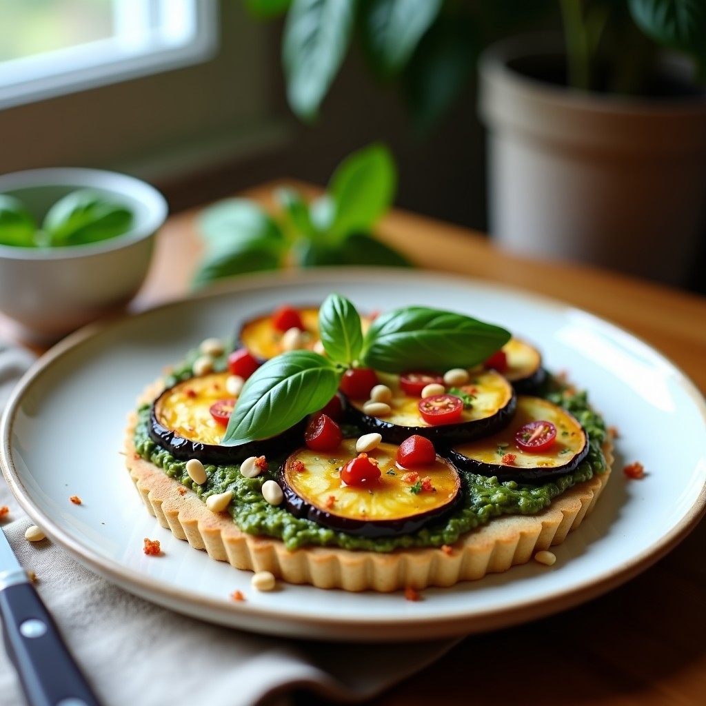 Tarta salada italiana sin horno con capas de berenjena asada, pesto de albahaca verde brillante y base crujiente de almendras, decorada con hojas de albahaca fresca y tomates secos. Plato elegante y saludable sobre fondo rústico de madera.