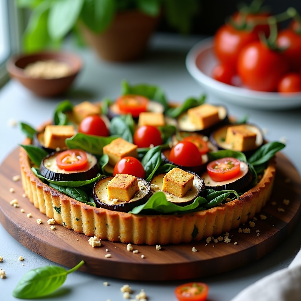Tarta salada vegana en molde redondo con capas de berenjena asada, tofu ahumado dorado, espinacas y tomates cherry, servida sobre tabla de madera rústica.
