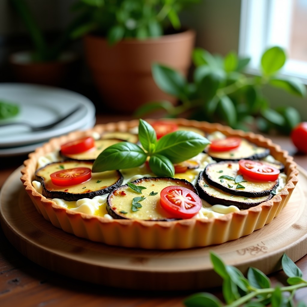 Tarta salada sin masa en molde redondo, con capas de berenjena y zucchini asados, queso de cabra cremoso y tomates cherry dorados, decorada con albahaca fresca.