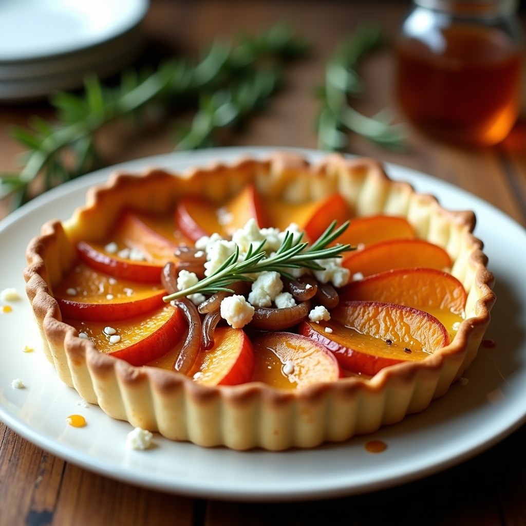 Tarta salada dorada en molde de cerámica con capas visibles de boniato y cebolla caramelizada, queso de cabra desmenuzado y romero fresco, receta sin masa.