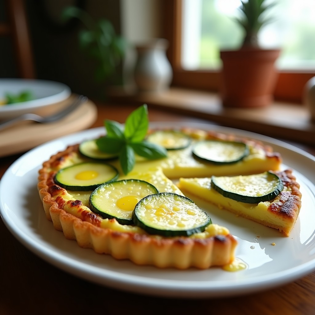 Tarta salada de calabacín quebrado en Thermomix, con capas visibles de calabacín dorado y relleno esponjoso de huevo y queso de cabra, servida en plato blanco rústico.