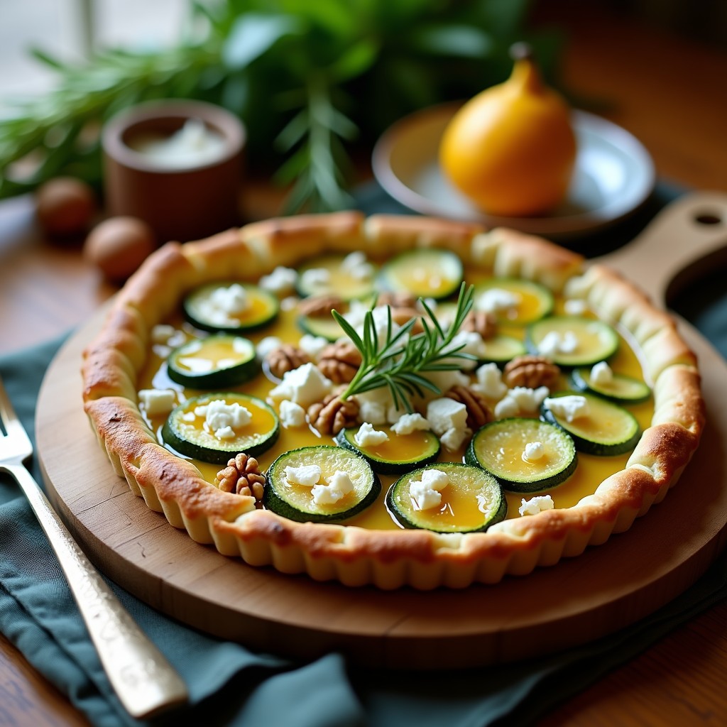 Tarta salada dorada con base crujiente de harina de almendra, rodajas de calabacín dispuestas en espiral, queso de cabra desmenuzado y nueces picadas, decorada con un hilo de miel de tomillo y romero fresco, receta gourmet de tarta de calabacín y queso de cabra con miel.