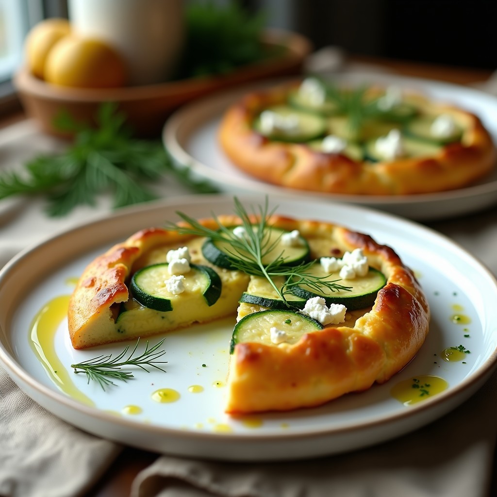 Tarta salada dorada de calabacín y queso feta sin masa, cortada en porciones, con rodajas de calabacín visibles y hierbas frescas, servida en plato blanco rústico.