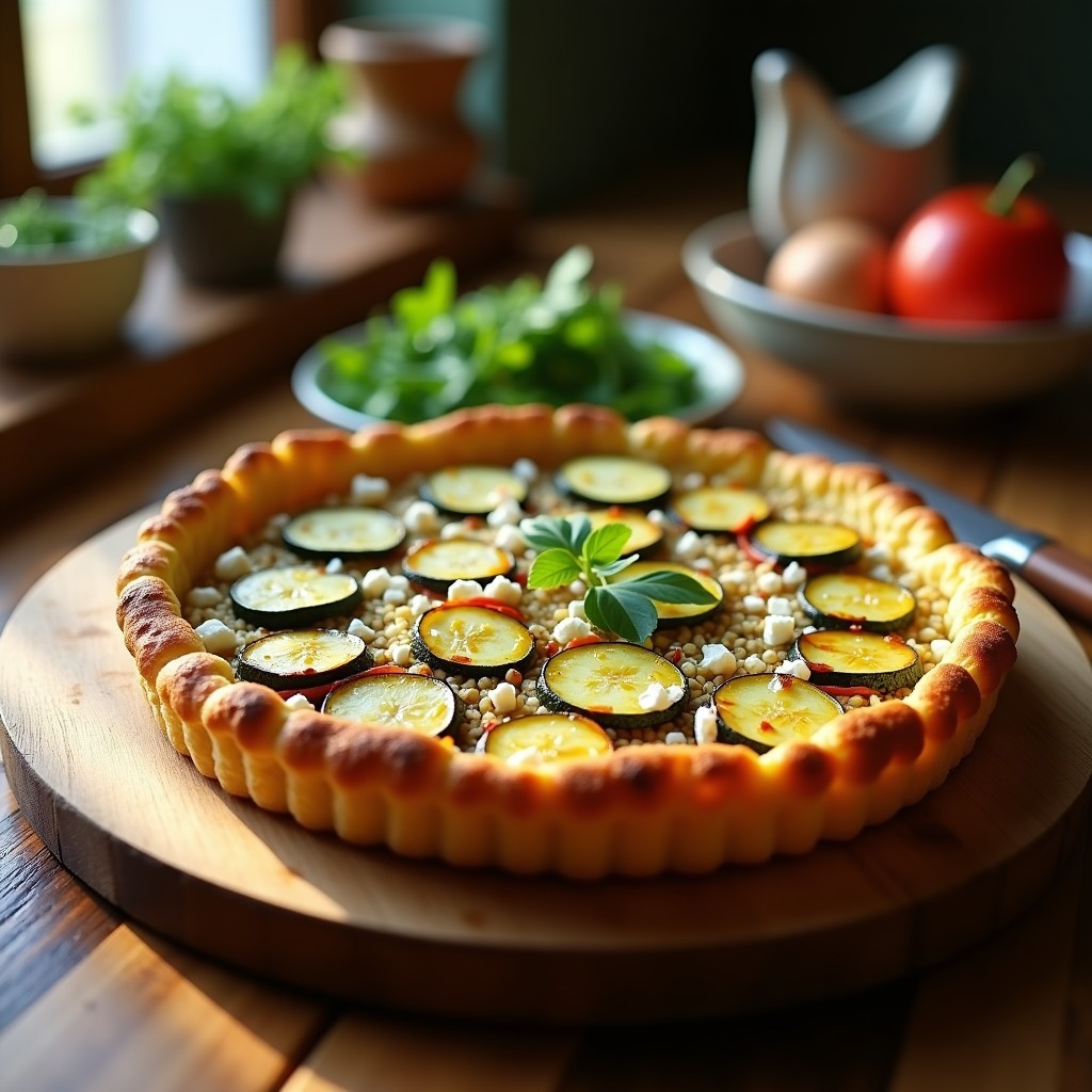 Tarta salada dorada de calabacín y quinoa en molde redondo, con base crujiente y relleno de rodajas de calabacín, cebolla morada y queso feta desmenuzado, servida en plato de madera rústico.