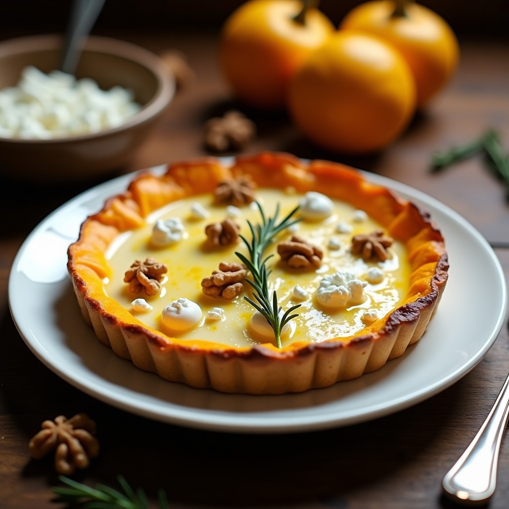 Tarta salada de calabaza y azafrán horneada, con base dorada de rodajas finas de calabaza, rellena de mezcla cremosa de huevo y queso de cabra desmenuzado, decorada con nueces y romero fresco.