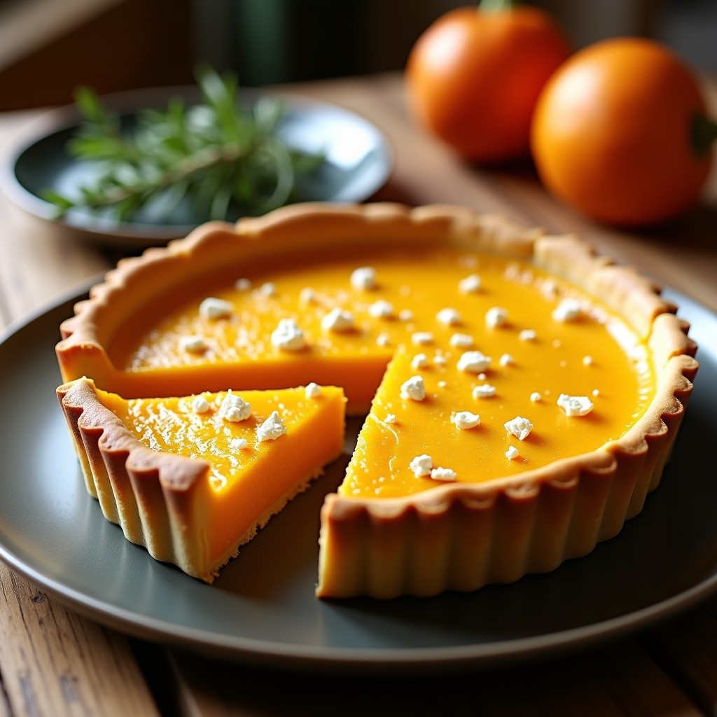 Tarta salada dorada de calabaza y azafrán en molde redondo, con corte en porción mostrando su interior cremoso y trocitos de queso feta, receta sin gluten en Thermomix.