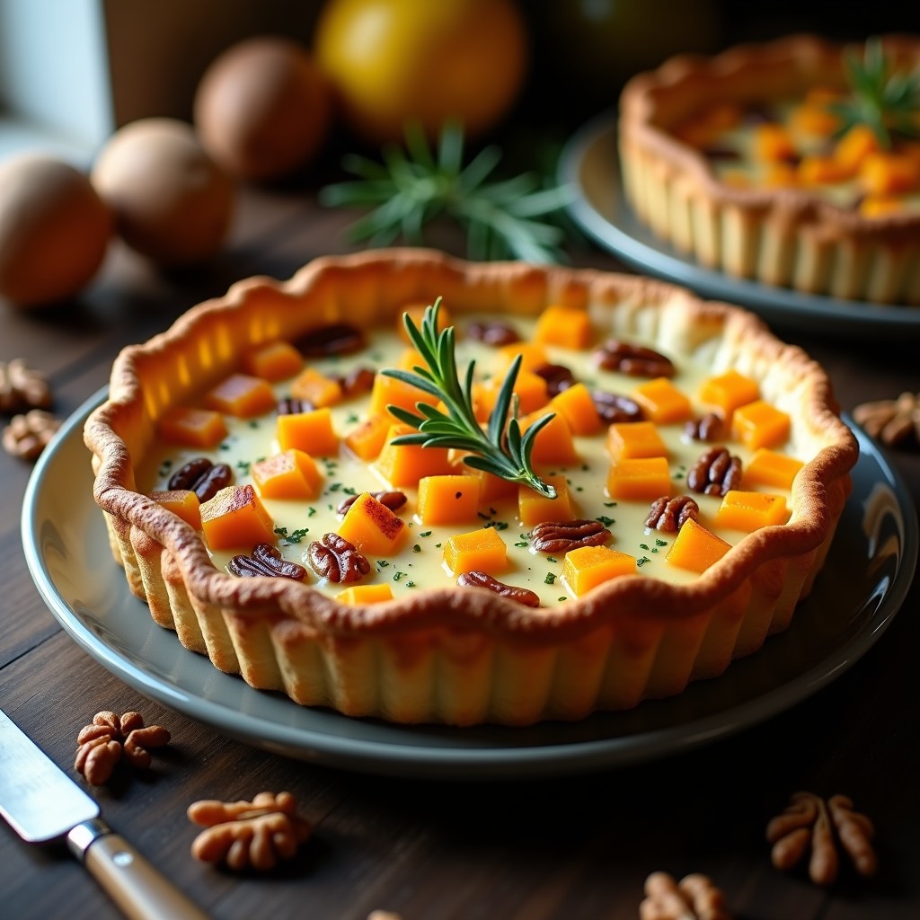 Tarta salada dorada en molde desmontable con relleno de calabaza asada, queso Cabrales fundido y nueces tostadas, decorada con hojas de romero sobre fondo rústico de madera.