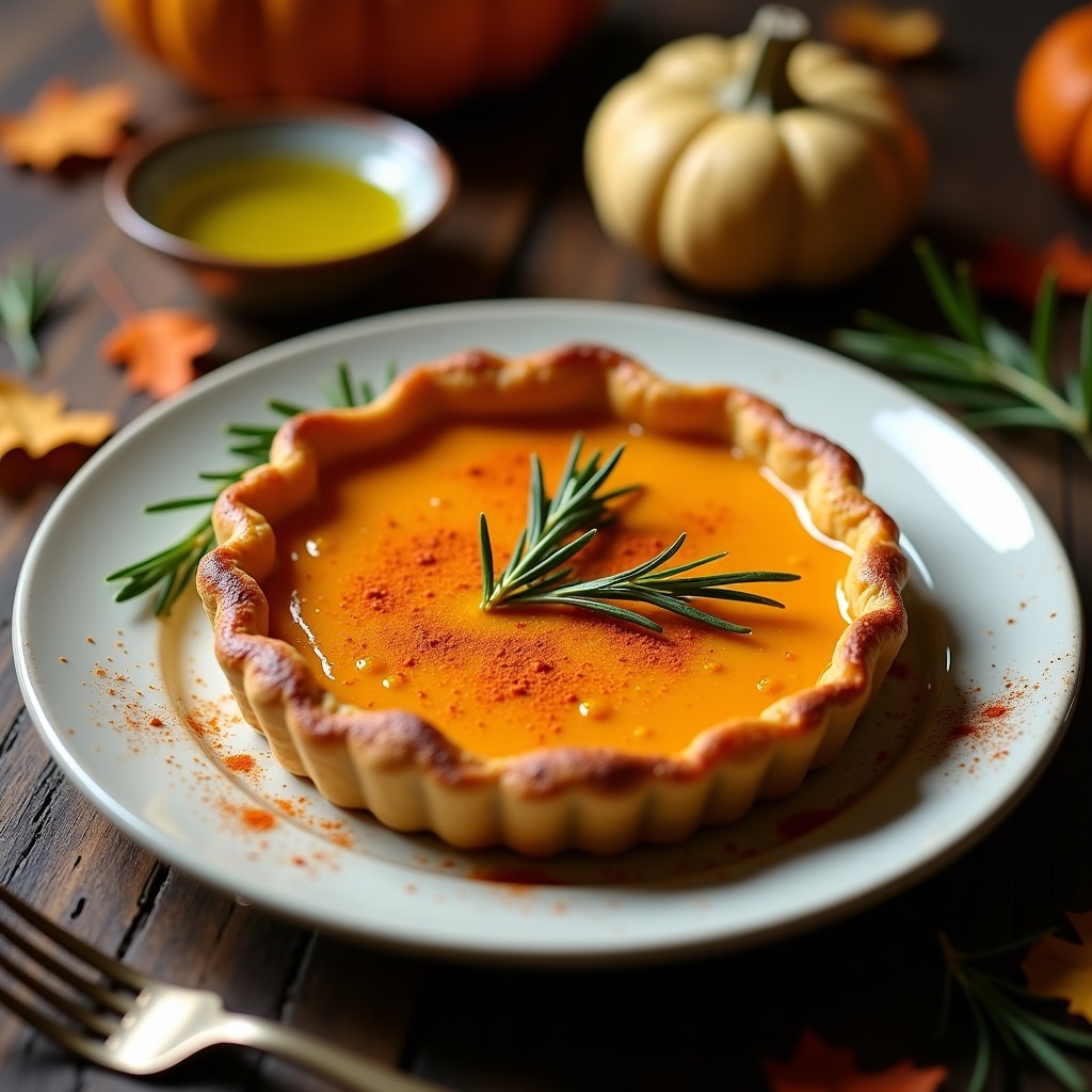 Tarta salada de calabaza y castañas alta en proteína, con base dorada de harina de garbanzo y relleno cremoso de color naranja, servida en plato de cerámica blanca con hierbas frescas.