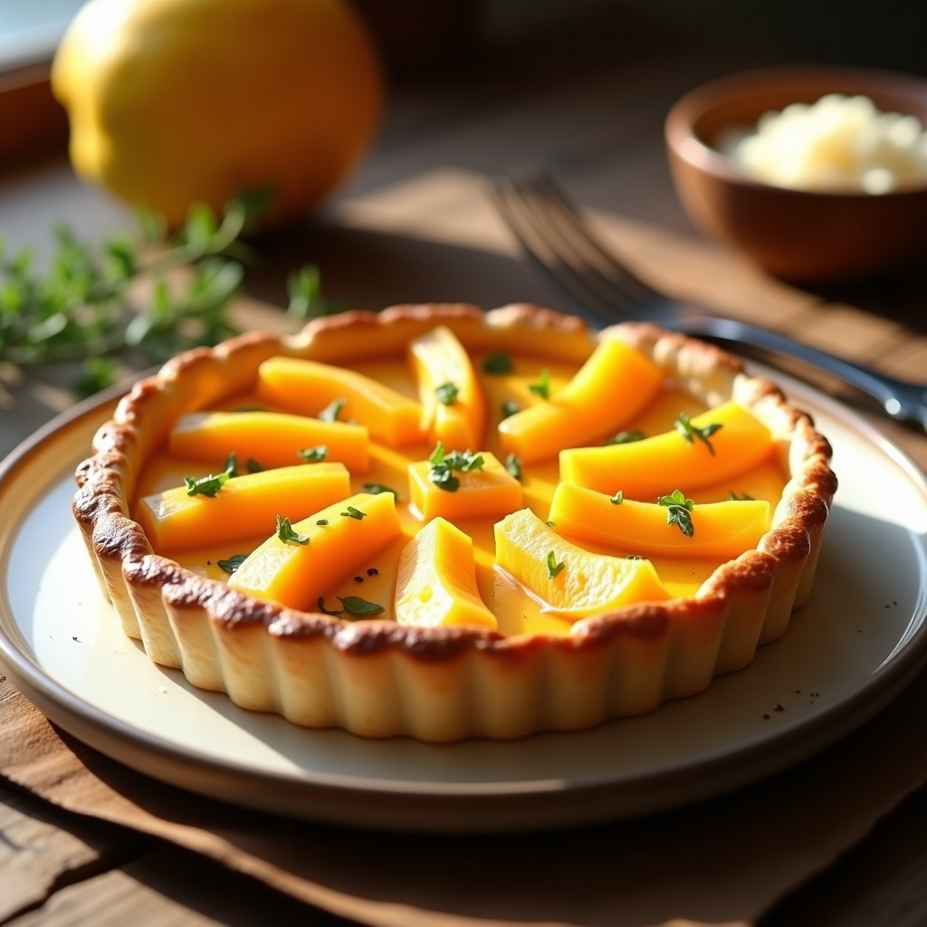 Tarta salada dorada de calabaza y cúrcuma en airfryer, con base crujiente y relleno cremoso, servida en plato blanco rústico.